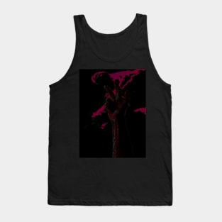 Digital collage and special processing. Hand near clouds. Holy trinity hand gesture. Very dark, red and violet. Bizarre. Tank Top